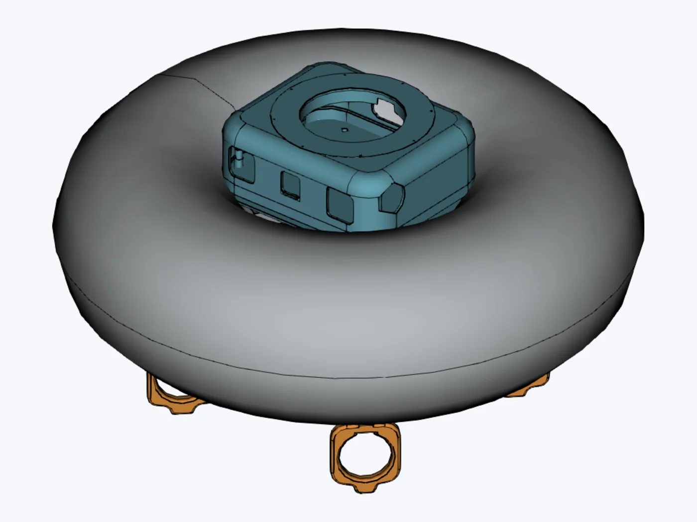 CAD-render van FLOAT-E: de ronde romp met de elektronicabox erop